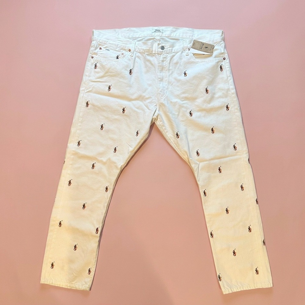 Polo Ralph Lauren The Sullivan Slim White Jeans All Over Pony Logo Men's 42x32